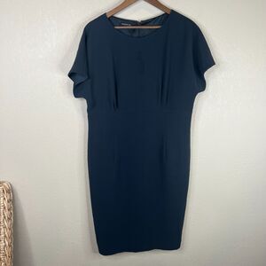 La Fayette 148 New York Marion Sheath Dress Sz 14 Navy‎ Crepe Cap Sleeves Career